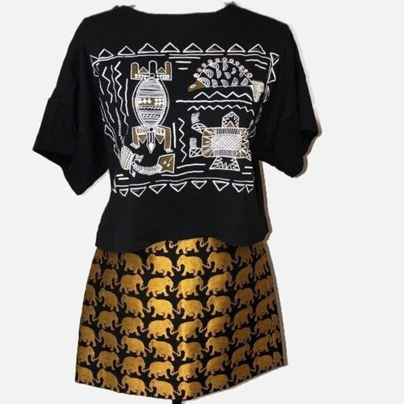 J Crew Womens Skirt Size 0 Elephant Print Gold Black Mini Brocade - Picture 9 of 9